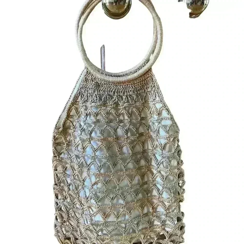 Vintage Macramé Handbag Purse Tote Crochet Handmade Boho Fish Net Bag.
